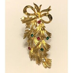 Vintage Gold Tone Christmas Brooch Pin Rhinestones Bow Layered Leaves Branches